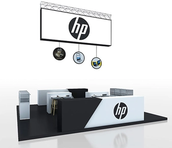 Trade show booth with counters and product showcase