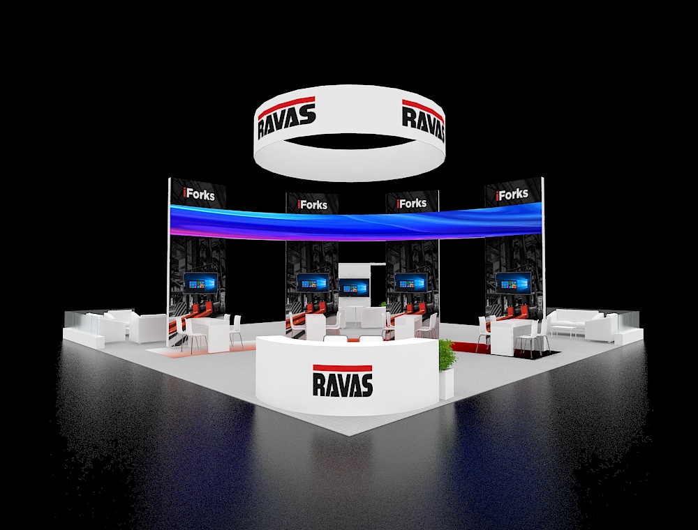 40x40 booth design with wide open aisle layout