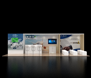 Exhibit stand 10x30 with interactive kiosks