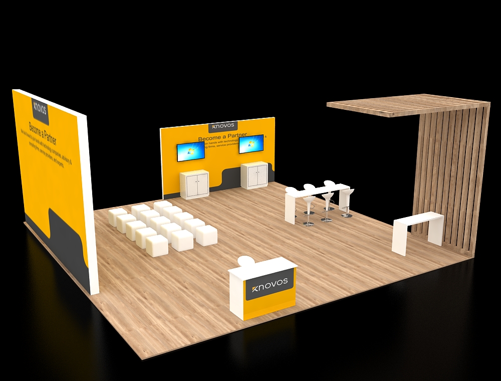 Exhibit booth 30x30 with central demo stations