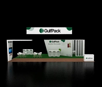 30x40 exhibition booth with suspended signage and meeting suite