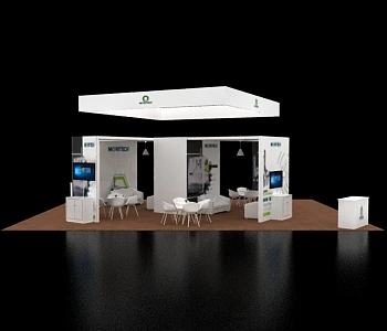 30x40 trade show booth with hanging sign and pillars
